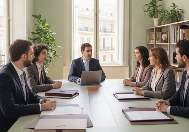 Abogados reunidos en una sala luminosa del despacho cerca de la M-40 en Madrid
