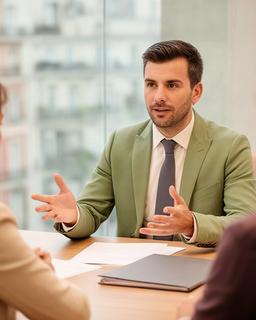 Abogado laboralista conversando con clientes sobre un expediente de despido en Madrid