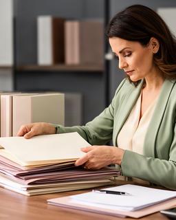 Jéssy Aguillar trabajando con expedientes laborales en una oficina profesional