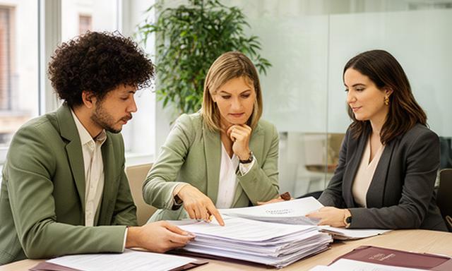 Abogados revisando documentos en una sala de reuniones luminosa de un despacho jurídico en Madrid