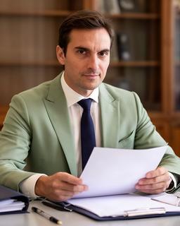 Yoandy Barallobre revisando documentación jurídica en una mesa de reuniones de Madrid